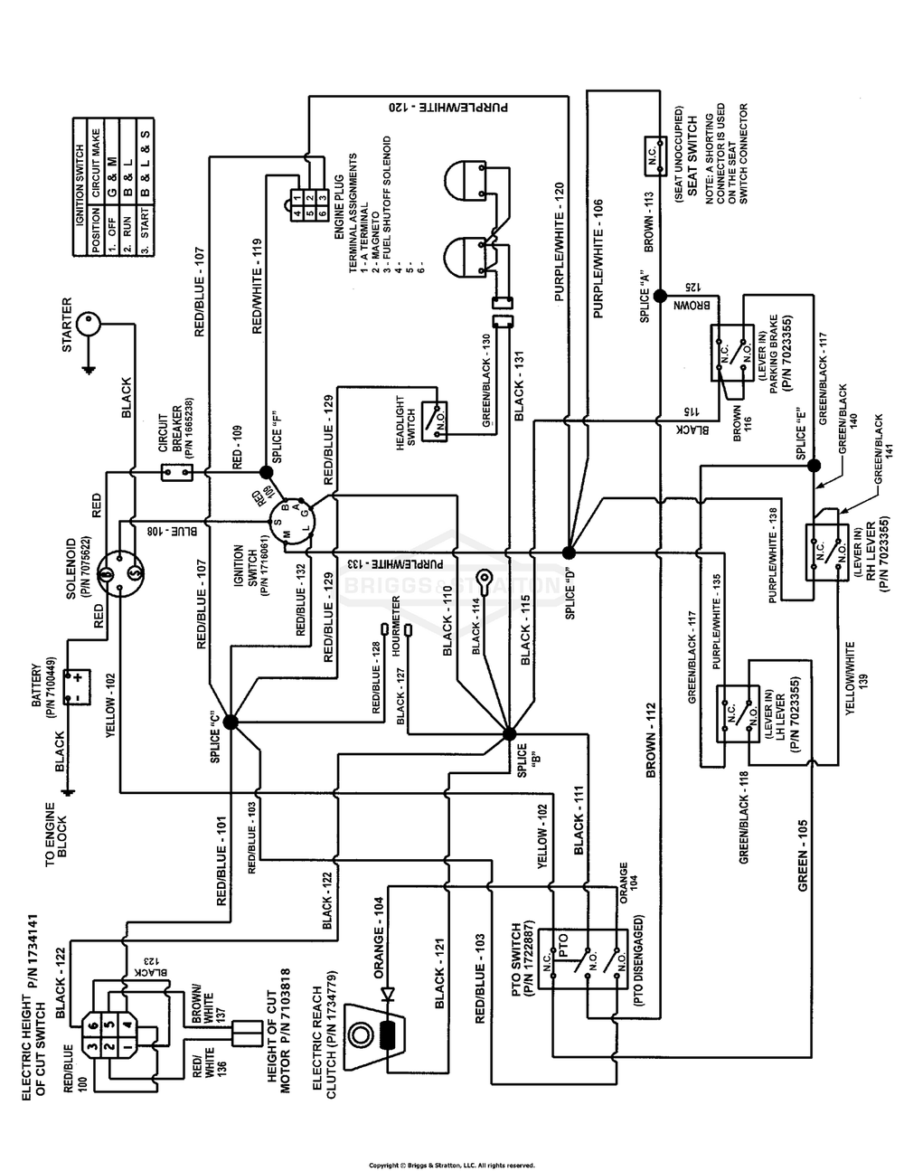 Wiring Schematic Diagram and Parts List for 7800819 (C950-60107-0)(2011) Briggs and Stratton Lawn Tractor
